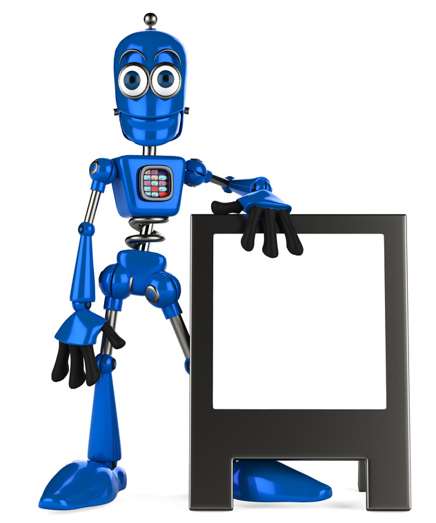 blue robot and advertiseboard